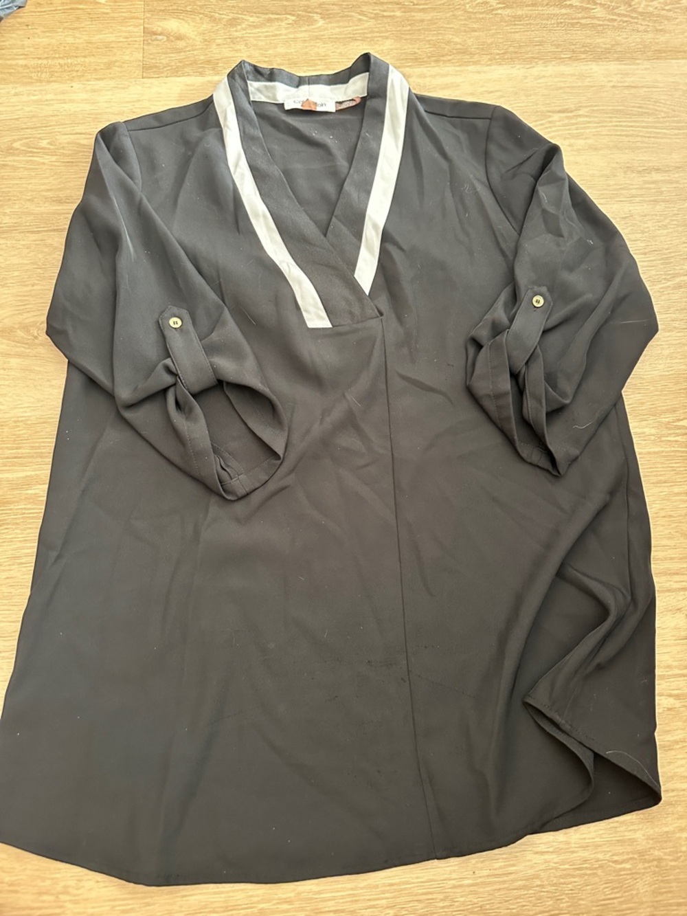 Black V-Neck Roll-Sleeve Blouse with Contrast Trim